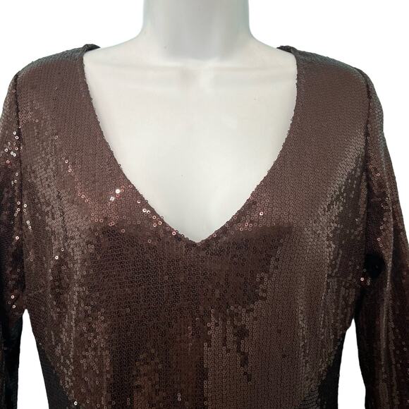 Jay Godfrey Chocolate Brown Black Colorblock Half Sleeve Sequin Mini Dress sz 8 - Picture 7 of 10